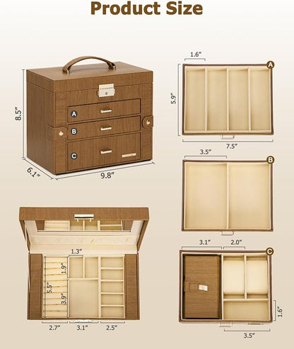 Homde 2 IN 1 Jewelry Box for Women Girls with Small Travel Case Mirror Necklace Ring Earrings Organizer - Christmas Gifts (Brown + Gold)