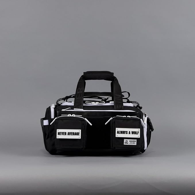 WOLFpak 20L Mini Duffle Bag for Gym & Travel | Waterproof Carry-On Weekender Bag with Shoe Compartment, Hard Bottom, and Tactical Molle System (Black with White Accents)