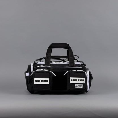 WOLFpak 20L Mini Duffle Bag for Gym & Travel | Waterproof Carry-On Weekender Bag with Shoe Compartment, Hard Bottom, and Tactical Molle System (Black with White Accents)