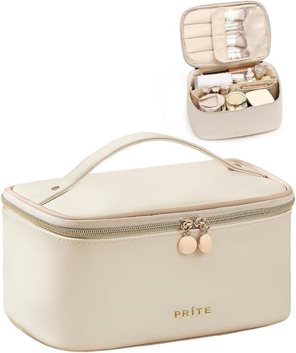 Prite Makeup Bag Portable Cosmetic Organizer with Brush Holder Waterproof Travel Toiletry Bag for Women with Handle and Divider (Beige)