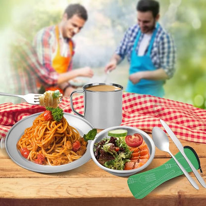 Stainless Steel Camping Cutlery Set - 8 Piece, Includes Spoons, Mugs, Bowls, Plates, Rags & Organizer Straps - Easy to Carry for Backpacking, Camping, Hiking and Picnics