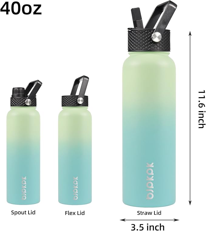 BJPKPK Insulated Water Bottles with Straw Lid, 40oz Stainless Steel Water Bottles with 3 Lids, BPA Free Leakproof Thermo, Tumblers, Cups for Sports, Gym- Mint