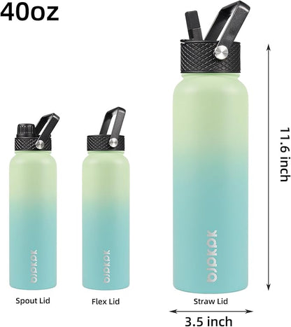 BJPKPK Insulated Water Bottles with Straw Lid, 40oz Stainless Steel Water Bottles with 3 Lids, BPA Free Leakproof Thermo, Tumblers, Cups for Sports, Gym- Mint