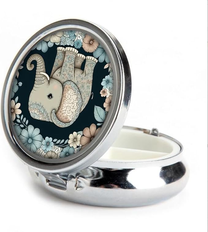 Pill Box,Floral Elephant Round Pill Box 3 Compartment Decorative Pocket Purse Portable Mini Travel Medicine Tablet Vitamin Holder Organizer Pill Case