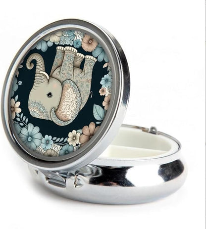 Pill Box,Floral Elephant Round Pill Box 3 Compartment Decorative Pocket Purse Portable Mini Travel Medicine Tablet Vitamin Holder Organizer Pill Case