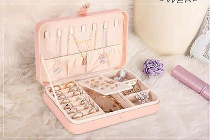 LANDICI Small Jewelry Box for Women Girls, PU Leather Travel Jewelry Case, Portable Jewelry Organizer Storage Holder Display for Ring Earrings Necklace Bracelet Bangle Men Kids Gift, Pink
