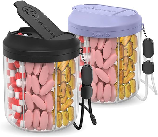 Pill Dispenser with 7 Large Compartments, 4.4" H x 3.6" Dia Pill Organizer for Travel, Supplement Organizer with Anti-Mixing Design, BPA-Free Pill Container with 20 Pcs Labels, Black+ Purple