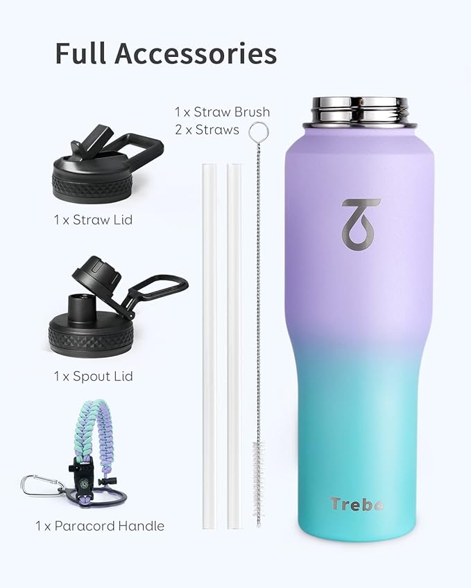 Trebo 32oz Insulated Water Bottle that Fits in Cup Holder, Stainless Steel Double Wall Tumbler Bottles with Paracord Handle, Flask with Straw Spout Lids, Keep Cold for 48 Hrs/Hot 24 Hrs,Cotton Candy