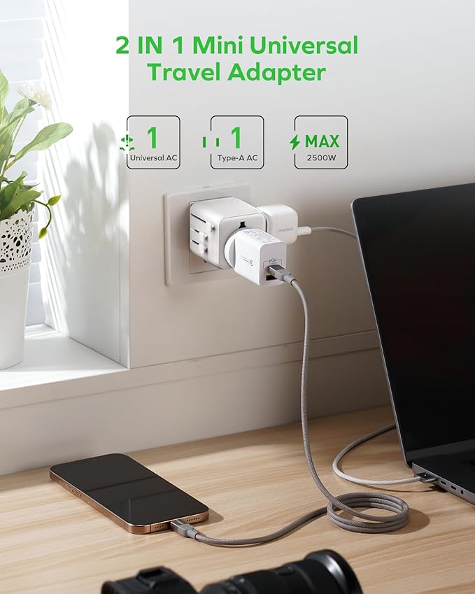MOMAX Mini Universal Travel Adapter Worldwide, 2 AC, All European Travel Plug Adapter UK, Travel Essentials for US to Europe Adaptor, All-in-One Wall Charger for AUS JP (No USB Port)