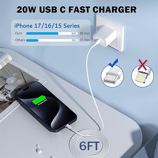 iPhone Charger Fast Charging,2 Pack 20W USB C Wall Charger with 6FT Long Type C to C Charging Cable Compatible with iPhone 17/Air/17 Pro/17 Pro Max/iPhone 16/16 Pro/16 Pro Max/15 Pro, iPad Pro/AirPods