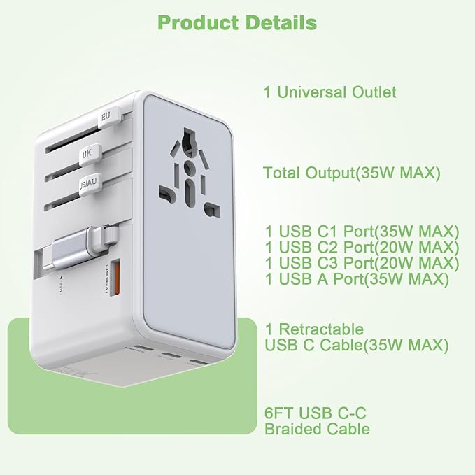 Universal Travel Adapter,35W 4 USB Port(3C/1A) International Power Adapter,European Travel Plug Adapter Retractable Type-C Cable+USB C 6FT Cable,Worldwide Plug Charger for EU UK USA AUS(Type C/G/A/I)
