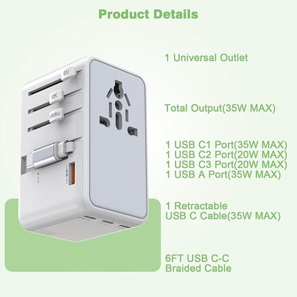 Universal Travel Adapter,35W 4 USB Port(3C/1A) International Power Adapter,European Travel Plug Adapter Retractable Type-C Cable+USB C 6FT Cable,Worldwide Plug Charger for EU UK USA AUS(Type C/G/A/I)