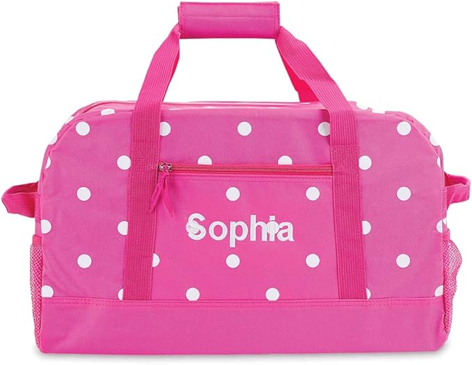 Lillian Vernon Personalized Duffel Bag for Kids, Roomy Pink & White Dots Weekender With Front & Side Compartment, Customizable Girls Sports & Travel Bags With Custom Name, 9" x 10.5" x 19"