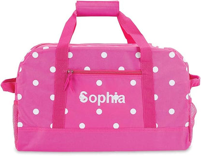 Lillian Vernon Personalized Duffel Bag for Kids, Roomy Pink & White Dots Weekender With Front & Side Compartment, Customizable Girls Sports & Travel Bags With Custom Name, 9" x 10.5" x 19"