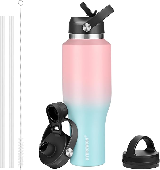 HYDROWION Vacuum Insulated Water Bottle, 40 oz Water Bottle fits in Car Cup Holder (Cold 48 hrs, Hot 24 hrs),Insulated Drinking Bottle with Straw Lid, Spout Lid and Flex Cap, Leakproof Travel Thermos