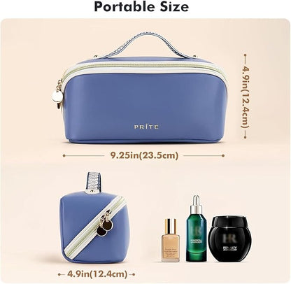 Prite Makeup Bag for Women Travel Waterproof Vegan Leather Cosmetic Bag Open Flat Toiletry Bag With Clear Divider and Handle (Blue)
