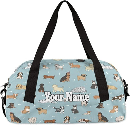 Custom Your Name Bones Dog Animal Pattern Personalized Text Gym Duffle Bag for Kids,Sports Bag for Teens Boys & Girls Small Waterproof Overnight Weekender Carry School Practice Travel Bag