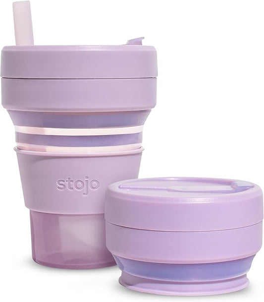 STOJO Collapsible Travel Cup - Reusable To-Go Pocket Size Silicone Bottle for Hot and Cold Drinks - Perfect for Camping - Microwave & Dishwasher Safe (Translucent Lilac, 16 Ounce (Pack of 1))
