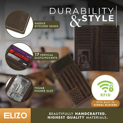 ELIZO Leather Long Wallet for Men Western Wallet Rodeo Mens Wallet Flat Bifold Wallets for Men Biker Billfold Wallet for Men Cowboy Wallet RFID Wallet for Men with Credit Card Holder