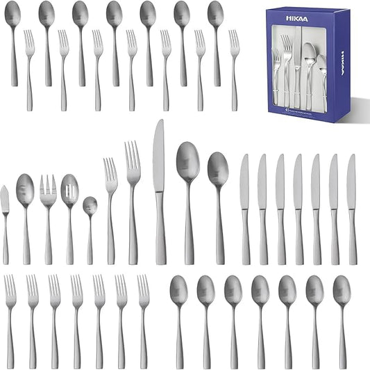HIKAA 45-Piece Silverware Set with Serving Utensils, Heavy Duty Stainless Steel Flatware Set for 8 with Serving Utensils, Matte Satin Cutlery Set Dishwasher Safe