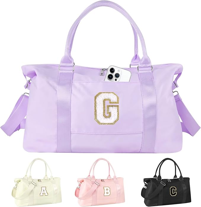 Dance Gym Duffel Bag for Teen Girls, Personalized Initial Travel Weekender Bag,Cute Overnight Carry On Duffle for Women,Sports Travel Cheer Bag,Monogram Christmas Gifts for Tween Preppy(purple-G)
