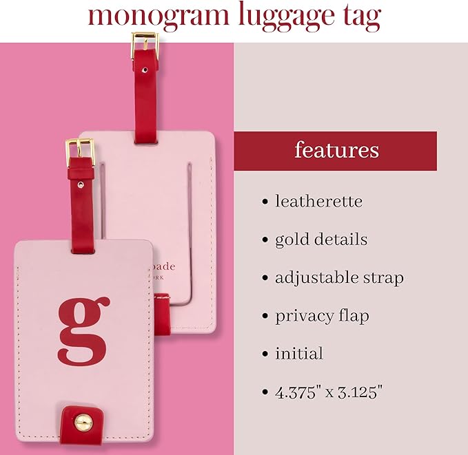 Kate Spade New York Leatherette Luggage Tag with Secure Strap, Colorful Suitcase Identifier for Travel, Monogram Bag Tag ID (G)