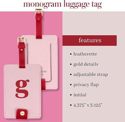 Kate Spade New York Leatherette Luggage Tag with Secure Strap, Colorful Suitcase Identifier for Travel, Monogram Bag Tag ID (G)