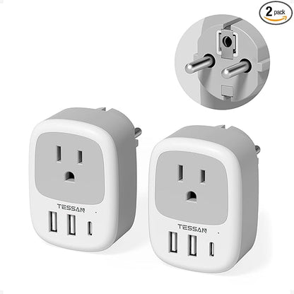 2 Pack Type E F Plug Adapter, TESSAN South Korea Outlet Adapter with 3 USB Ports (1 USB C), Schuko Travel Plug for US to Europe EU Spain Germany France Iceland Greece Russia Norway