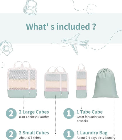 Narwey 6 Set Compression Packing Cubes for Travel Kids Women Carry on, Packing Organizers Bag for Backpack Luggage Suitcase Duffle Bags