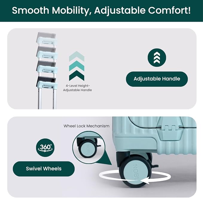 Nobl Travel Carry On Luggage, Noble Zipperless Aluminum Frame PC Hard Shell Suitcase, 22.5x15x9.5 Airline Approved, 360° Spinner Wheels, TSA Locks, USB Charging Port, Cup & Phone Holder - Powder Blue