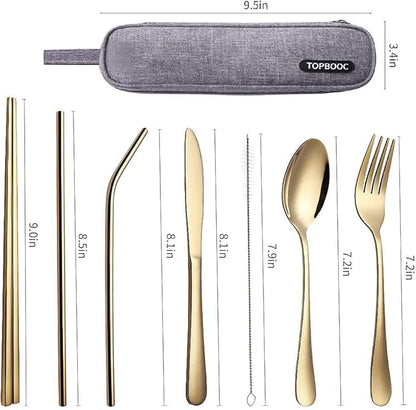 Portable Stainless Steel Flatware Set, Travel Camping Cutlery Set, Portable Utensil Travel Silverware Dinnerware Set with a Waterproof Case (Gold)