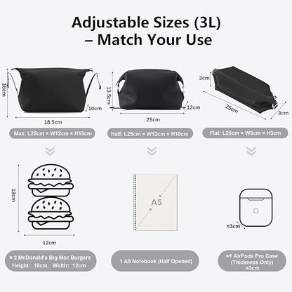 Vomgomfom 3L 6.5 Inch Silicone Toiletry Bag, Waterproof Leakproof Travel Cosmetic Organizer, Adjustable G-Buckle Compression Dopp Kit, Foldable Makeup Bag for Women & Men, Black