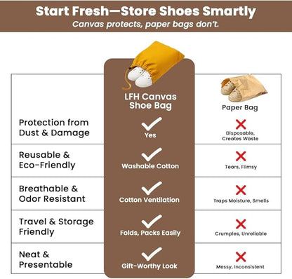 LFH Cotton Rich Shoe Storage Bags with Drawstring, Dustproof Breathable Reusable Organizer, Perfect For Travel, Dorm, Hotel, College, Gym, Easy to Carry, Machine Washable 8"x17" (Pack of 6) - Golden