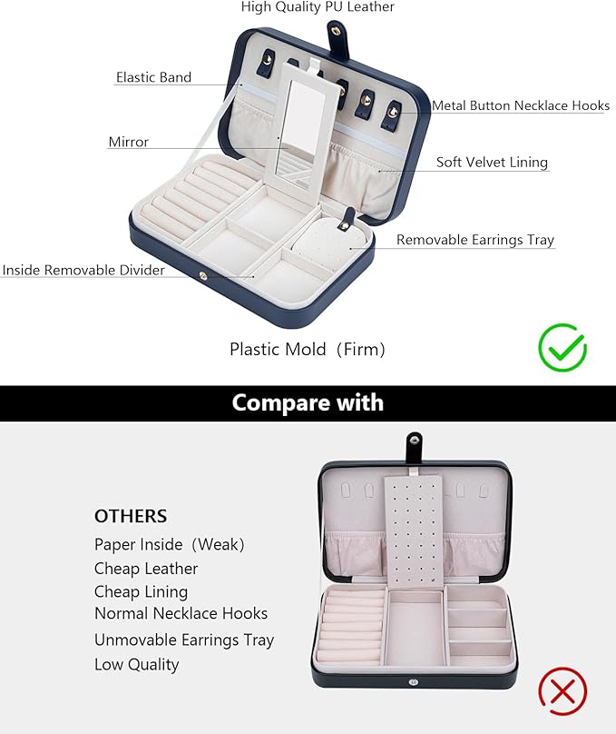 2-Layer Travel Jewelry Box for Women, Portable Jewelry Organizer with Mirror & Removable Dividers, PU Leather Jewelry Case – Gift for Wife, Mom, Girlfriend (Navy White)
