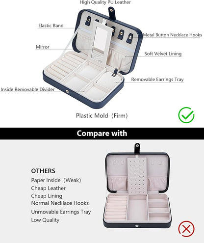 2-Layer Travel Jewelry Box for Women, Portable Jewelry Organizer with Mirror & Removable Dividers, PU Leather Jewelry Case – Gift for Wife, Mom, Girlfriend (Navy White)