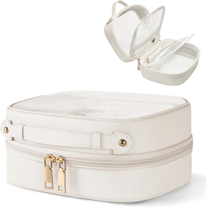 Clear Cosmetic Bag Double Layer Travel Toiletry Bag Clear Makeup Bag Case with 4 Compartments, Transparent Travel Bag for Toiletries, Large Toiletry Bag for Women Cosmetic Case (White, Small)