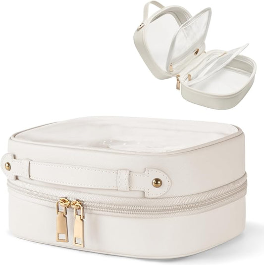 Clear Cosmetic Bag Double Layer Travel Toiletry Bag Clear Makeup Bag Case with 4 Compartments, Transparent Travel Bag for Toiletries, Large Toiletry Bag for Women Cosmetic Case (White, Small)
