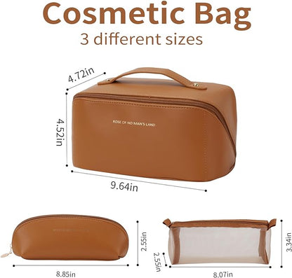 3 Pcs Travel Makeup Bag Portable Large Capacity Cosmetic Bags for Women Open Flat Makeup Case Organizer Bag Set of 3 Waterproof PU Leather Toiletry Bags with Divider and Handle (Brown, Medium)