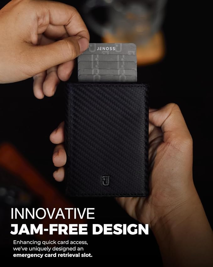 Jenoss Smart Wallet For Men: Full Grain Leather, Handcrafted, Slide Metal Pop Up Case, Slim RFID Blocking Credit Card Holder, Minimalist, Compact - 9-12 Card Organizers | ID | Money Clip (Carbon)
