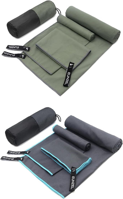 Eunzel 2 Pack Quick Dry Camping Towel, Microfiber Travel Towel 3 Size at 1 Pack,Fast Drying Towel Set for Camping, Beach, Gym, Sports, Yoga & Swimming Pool, Army Green/Grey