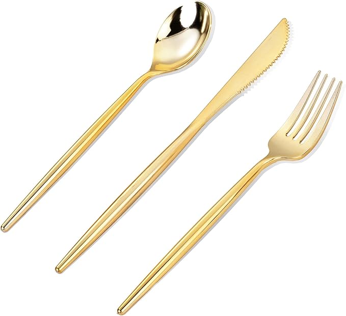 MirthMood 36 PCS Gold Plastic Silverware,Gold Silverware Disposable,Disposable Utensils Heavy Duty,Plastic Cutlery Set,Includes:12 Knives, Forks and Spoons for Party, Birthday,Wedding