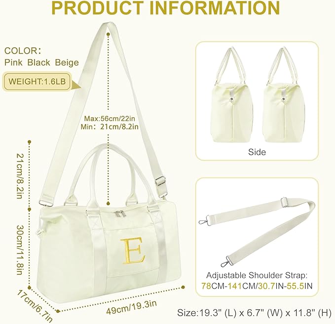 Personalized Initial Gym Dance Bag, Travel Duffel Bag for Teen Girls, Carry On Bag Overnight Weekender Bag with Trolley Sleeve, Birthday Gifts for Women Mom Daughter Graduation Gift(Letter E, Beige)