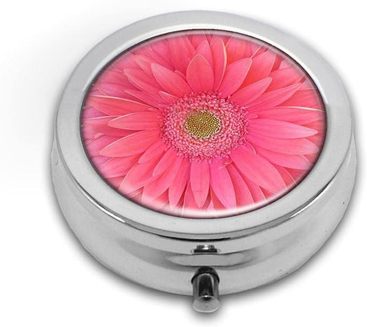 Pill Box,Bright Pink Gerbera Daisy Flower Round Pill Box 3 Compartment Decorative Pocket Purse Portable Mini Travel Medicine Tablet Vitamin Holder Organizer Pill Case