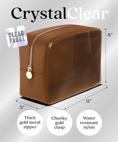 Embla Clear Cosmetic Bag Makeup Case, Clear Zipper Make Up Pouch and Toiletry Travel Tote, Cute Skincare Pouches for Women Girls, Preppy Purse Cosmetic Organizer, Large Makeup Bags, Chocolate