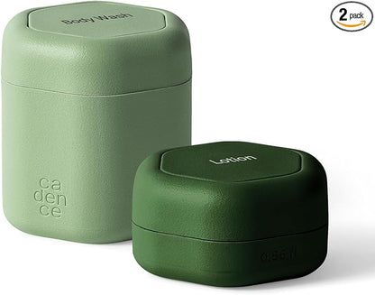 Cadence Travel Containers - 2 Piece Body Care Capsule Set - Magnetic Containers w/Lids - Carry On Travel Essentials for Women/Men - 1 Small & 1 Medium Capsule - Body Wash & Lotion Labels - Evergreen