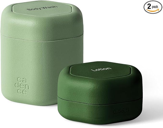 Cadence Travel Containers - 2 Piece Body Care Capsule Set - Magnetic Containers w/Lids - Carry On Travel Essentials for Women/Men - 1 Small & 1 Medium Capsule - Body Wash & Lotion Labels - Evergreen