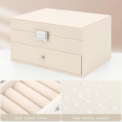 DesignSter Jewelry Organizer Box, 2 Layers Large Jewelry Box with Travel Jewelry Case, Leather Jewelry Storage Case for Rings Earrings Bracelets Necklaces (Beige)