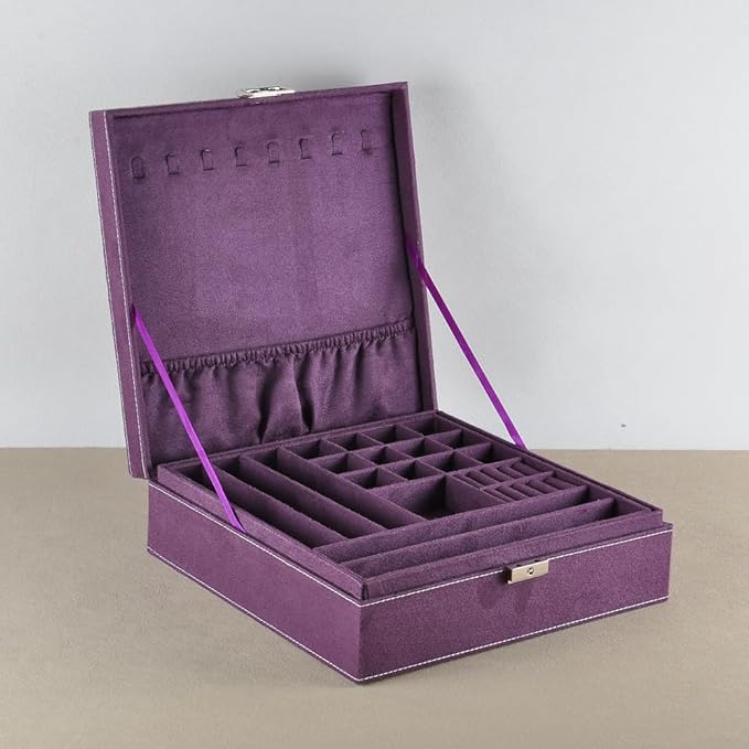 Jewelry Boxes 10 x 10 Inches 2-layer Handle Necklace Holder Organizer Jewellery Women Rings Storage Display Girls Earrings Case Lockable Jewelry Tray GY641 (Purple)