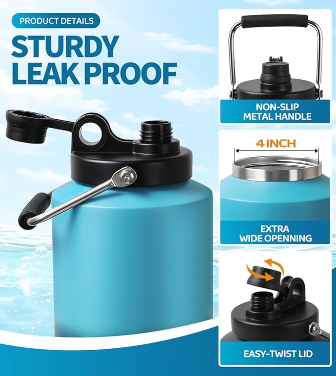 Insulated Water Bottle, 1 Gallon Jug with Handle, 128 oz Stainless Steel Large Water Bottle Wide Mouth Double Vacuum for Hot & Cold Drinks, Gradient Blue