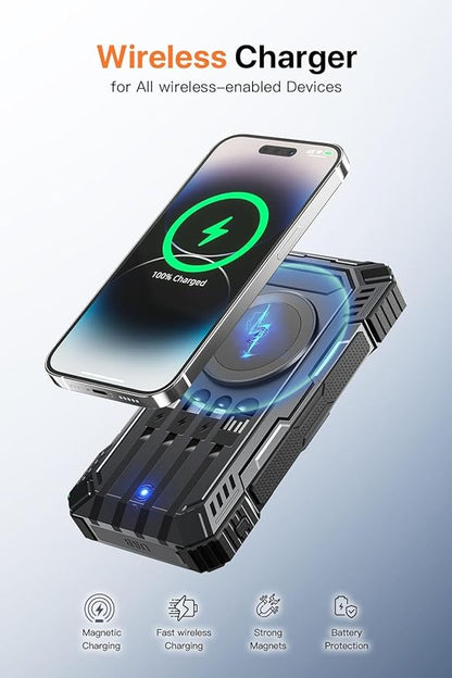 Power Bank 49800mAh Solar Portable Charger Wireless Charging USB-C 15W Fast Charging with 4 Built-in Cables LED Flashlight Battery Pack Compatible with iPhone, iPad, Perfect for Camping,Hiking